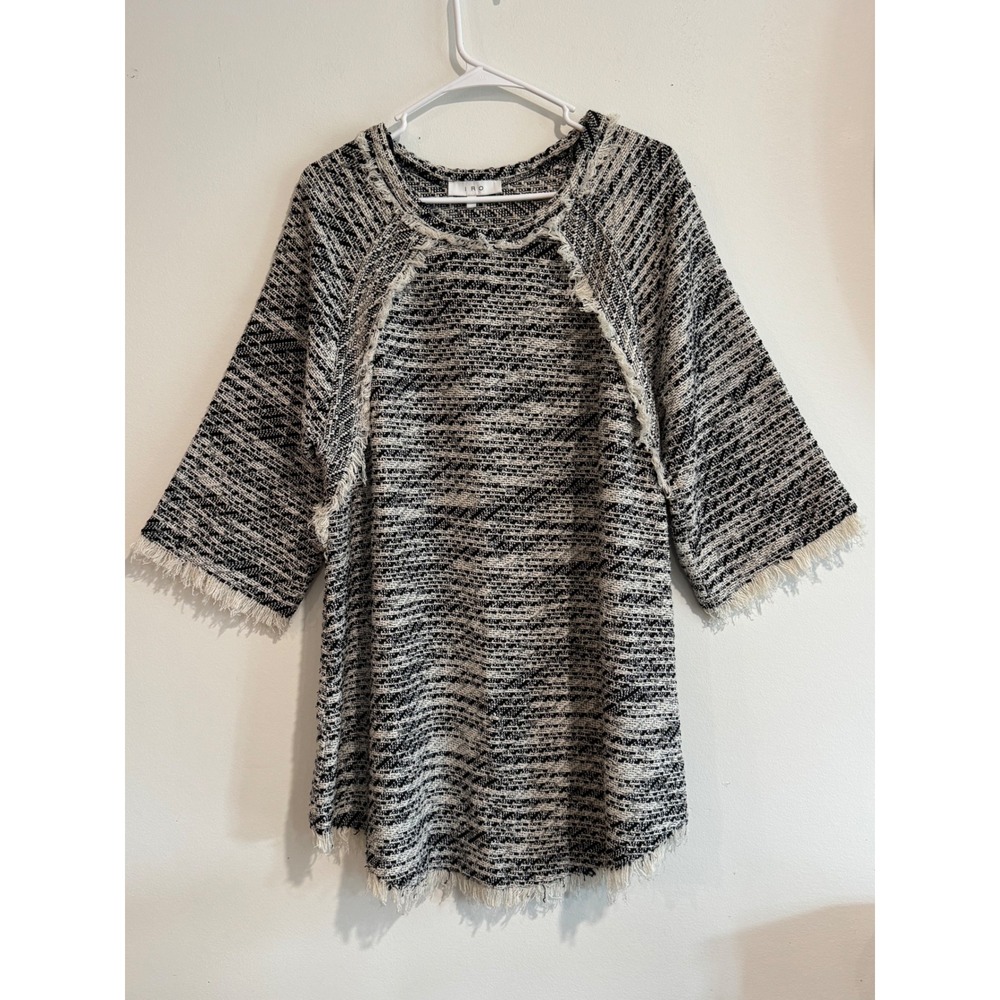 IRO Tweed Fringe Raglan Tunic Top Women 36 Black White Textured Knit
